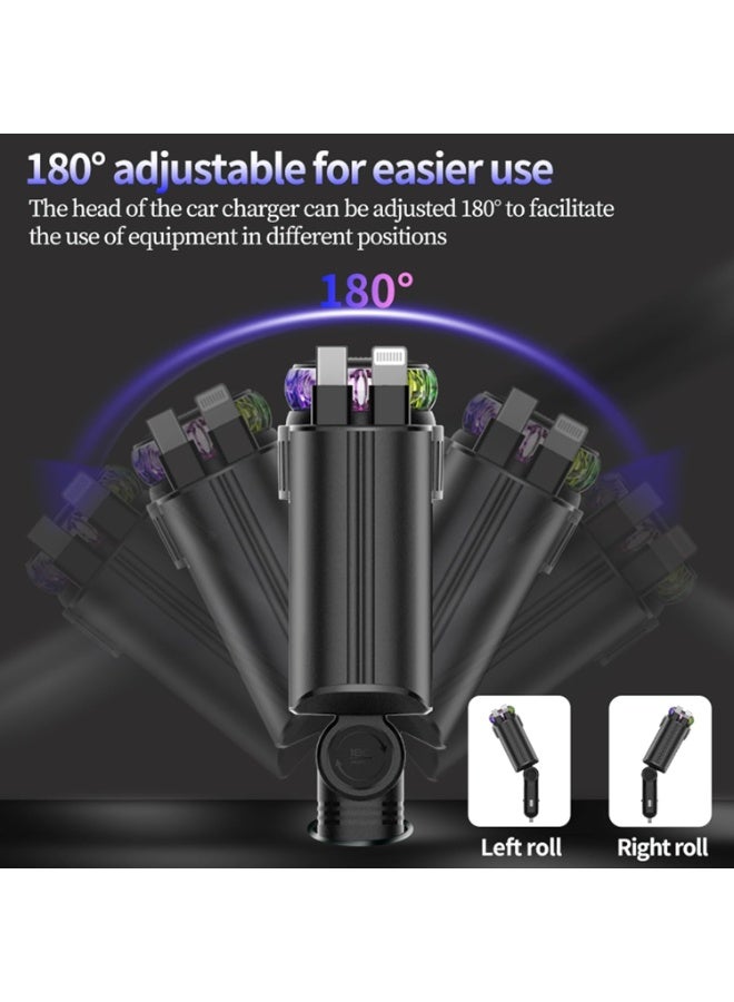 HERIOS 5-in-1 Car Charger with 180° Adjustable Head, Retractable 80cm Fast Charging Cables USB-C and iOS, Dual Port 45W, Air Freshener with LED Star Light, type c cable, car charger fast charging - Image 2